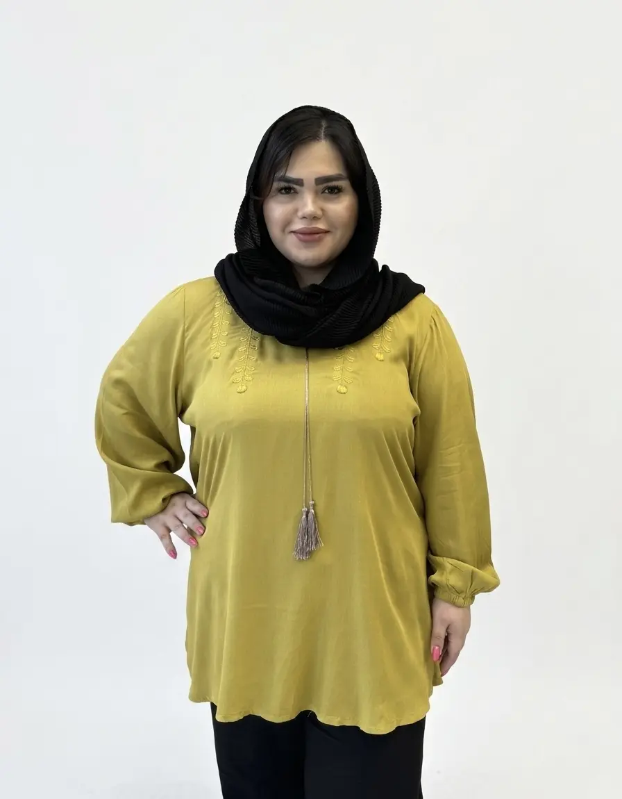 تونیک یقه اشکی گلدوزی گندم سایز بزرگ زنانه